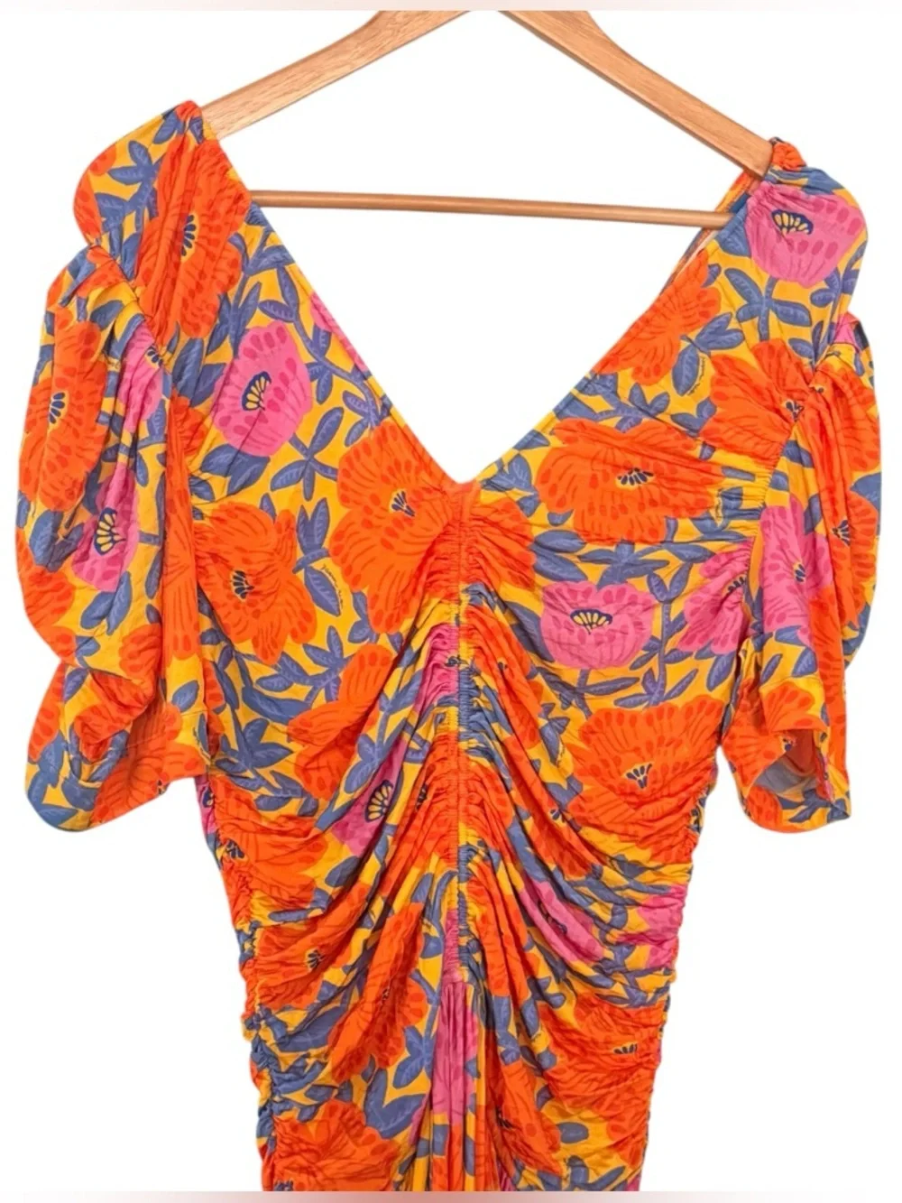 ANTHROPOLOGIE Farm Rio Short Sleeve Ruched Midi Dress Tropical Floral Size M NEW - Picture 5 of 11